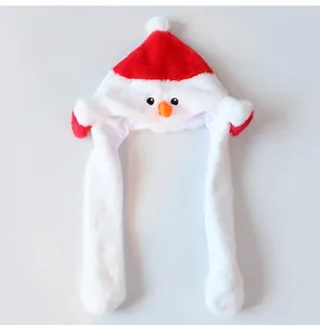 Detailed view of plush Christmas hat featuring a cute snowman face with moving ears