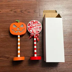 Halloween-Kürbis und Weihnachtsmann LED-Holztischdeko mit weißer Verpackungsbox