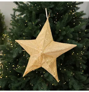 Detail view of golden sequined star ornament hanging on a Christmas tree.