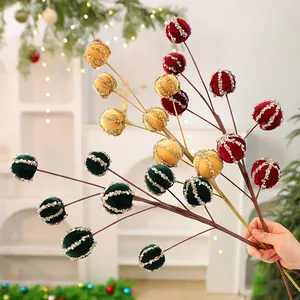 Rami Artificiali Di Bacche Di Natale Floccate Con Strisce Di Paillettes Glitter Per Decorazione Albero Di Natale Casa Festa Bouquet Di Fiori