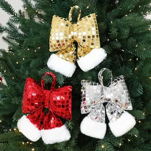 Ornamenti a Fiocco di Natale con Paillettes a Specchio e Bordo in Pelliccia Sintetica per Albero di Natale Oro Argento Rosso Pendente