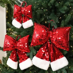 Set di fiocchi di Natale rossi con paillettes e pelliccia finta per l'albero