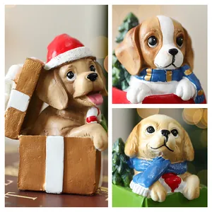 Figurines de chiot de Noël en résine en boîte cadeau pour décoration festive d'intérieur