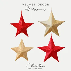 Large Folding Christmas Tree Top Star Decoration Red Gold Sequin Star Ornament For Holiday Home Party Window Hanging Decor