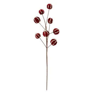 Ramo di bacche di Natale in velluto rosso con strisce glitterate oro per decoro