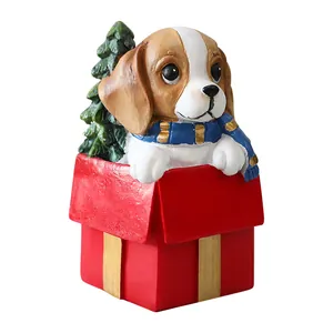 Figurine de chiot Beagle festive en résine dans une boîte cadeau rouge pour Noël décor