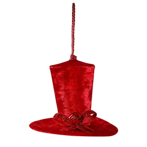 Décoration de sapin de Noël mini haut-de-forme en velours rouge avec nœud et cloche