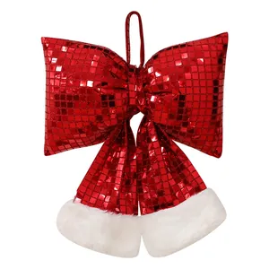 Fiocco di Natale rosso con paillettes lucide e bordo in peluche bianco per l'albero