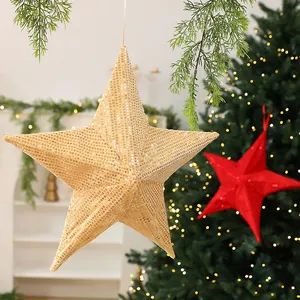 Large gold sequin foldable festive star for Christmas tree top and window decoration