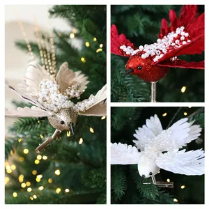 Decorazioni artificiali per albero di Natale a forma di colibrì con perle e glitter, 3 colori