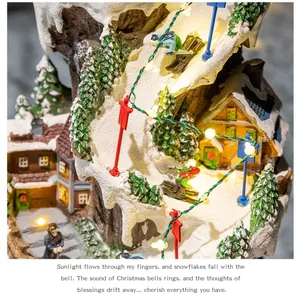 Detailed close-up of a Christmas music box featuring a snowy village and skiers