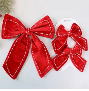 Red velvet Christmas bows featuring white edge stitching, large and medium size set