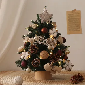 Mini Desktop Christmas Tree LED Lighted Wood Base Pinecones Cotton Ornaments Festive Holiday Tabletop Decoration Home Office