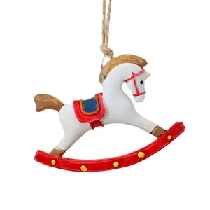 Hand-painted vintage white resin rocking horse ornament for festive Christmas tree decor