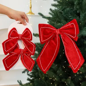Large 3D Velvet Christmas Bow Ornament Red Green Hand-Stitched Bowknot For Christmas Tree Window Party Home Decor Hanging Gift