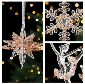 Detailansicht von transparenten Acryl-Weihnachtsschmuck mit Roségold-Pailletten für Bäume.