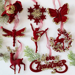 Elegant burgundy flocked Christmas tree ornaments with sequins, various festive shapes.