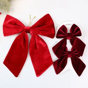Large red velvet 3D bow ornaments for Christmas tree hanging and festive home decoration