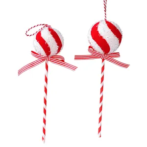 Red and white glittery foam candy lollipop Christmas tree ornaments with striped ribbons