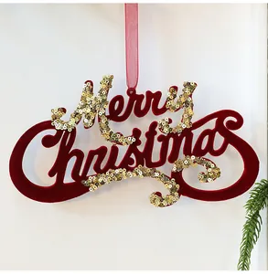 Elegant burgundy flocked Merry Christmas hanging ornament with gold sequins decoration