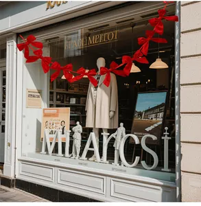Red bow garland hanging across a European style storefront window for Christmas.