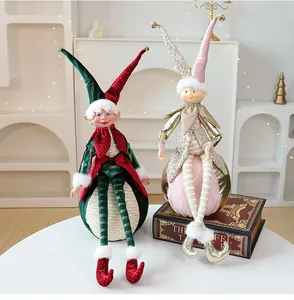Set sitzender Weihnachts-Elf-Puppen in Rot, Grün und Rosagold für die Feiertagsdeko