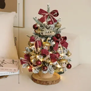 Mini Set Albero di Natale da Scrivania Albero di Natale Artificiale Floccato con Luci LED e Ornamenti per Decorazioni Natalizie