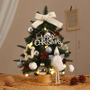 Nordic Minimalist DIY Desktop Christmas Tree Set With LED Lights Wood Base Simulation Artificial Mini Pine Tree For Tabletop Xmas Decor