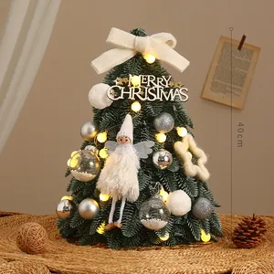 Decorated 40cm tabletop Christmas tree with warm LED lights, white bow and ornaments