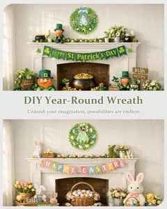 DIY artificial boxwood wreath shown in St. Patrick's Day and Easter holiday decor