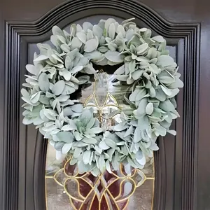 Detailed view of lush artificial lamb's ear leaves on a green farmhouse wreath