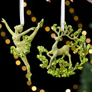 Set lindgrüne Pailletten-Weihnachtsanhänger: Ballerina und Rentier mit feinem Glitzer