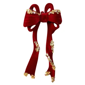 Wine red flocked Christmas bow ornament with gold sequins for holiday tree decoration