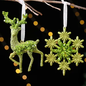 Funkelnde grüne Pailletten-Rentier- und Schneeflocken-Weihnachtsbaum-Hängedekoration