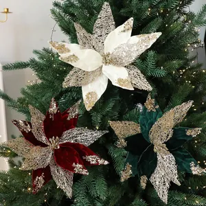 Lot de fleurs de poinsettia artificielles pailletées de 29 cm pour sapin