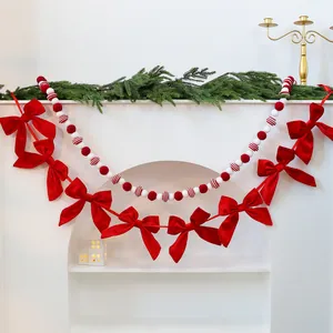 Ghirlanda Natalizia con Fiocchi di Velluto Rosso Striscione Decorativo per Albero di Natale Finestra di Hotel Ornamento Appeso Festa
