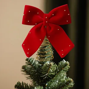 Fiocco Puntale Per Albero Di Natale In Velluto Rosso Vinaccia Con Perline Dorate E Base A Spirale In Metallo Decorazione Festiva