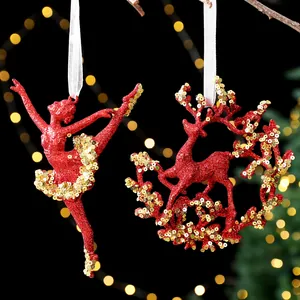 Red glitter ballet dancer and reindeer Christmas ornaments with gold sequins