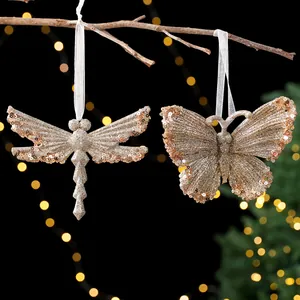 Elegante champagner goldene Libellen und Schmetterlinge Weihnachtsanhänger mit Pailletten