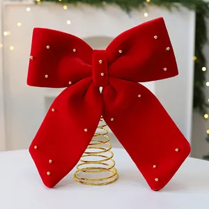 Puntale per albero di Natale a fiocco in velluto rosso con perline dorate e base