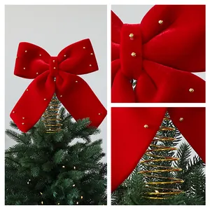 Elegante fiocco per punta albero di Natale in velluto rosso vino con accenti dorati.
