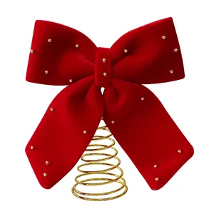 Puntale per albero di Natale a fiocco in velluto rosso con perline e base dorata