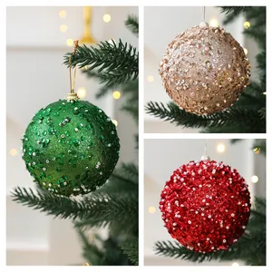 Lot de boules de Noël 10cm avec paillettes et perles en vert or et rouge décoration