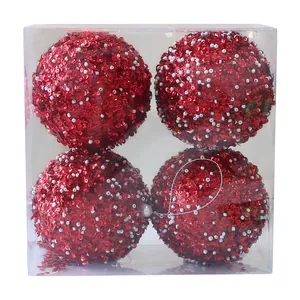 Lot de 4 boules de Noël rouges de 10 cm avec paillettes et perles blanches décoration