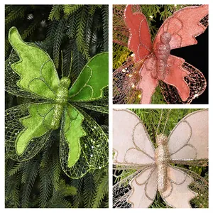 Detailed close-up showing texture of glittery fabric butterfly ornaments for Christmas tree