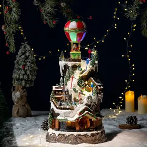 Christmas Music Box Rotating Train Snow Village Decor LED Light Santa Claus Hot Air Balloon Electric Musical Ornament
