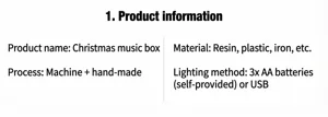 Detailed specifications for the Christmas music box with resin and USB power options