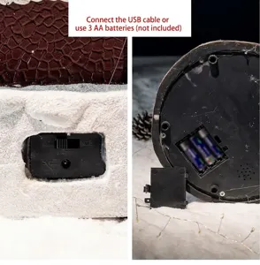 Detail of Christmas musical box power supply with USB port and battery compartment.