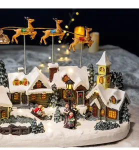 Macro detail of a glowing resin Christmas village with flying reindeer and snow.