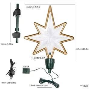 Detaillierte Maße und Komponenten der goldenen LED-Weihnachtsbaumspitze in Sternform